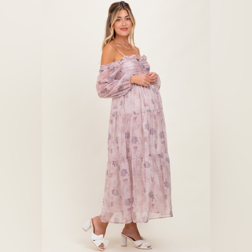 Storia Light Pink Floral Off Shoulder Long Sleeve Tiered Maxi Dress Medium girly - Picture 4 of 14